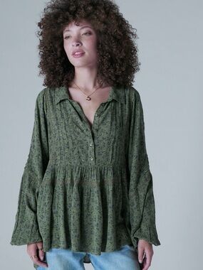 Lucky Brand - Floral Popover Button-Up Peasant Blouse Tunic